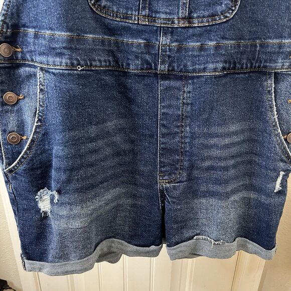 No Boundaries Shortall Womens XXL Blue Denim Bib Overalls Shorts Cuffed Hem - Picture 3 of 8